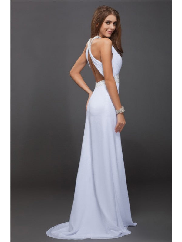 Vestidos largos de gasa con escote tubo/columna, joya, sin mangas, con abalorios y volantes